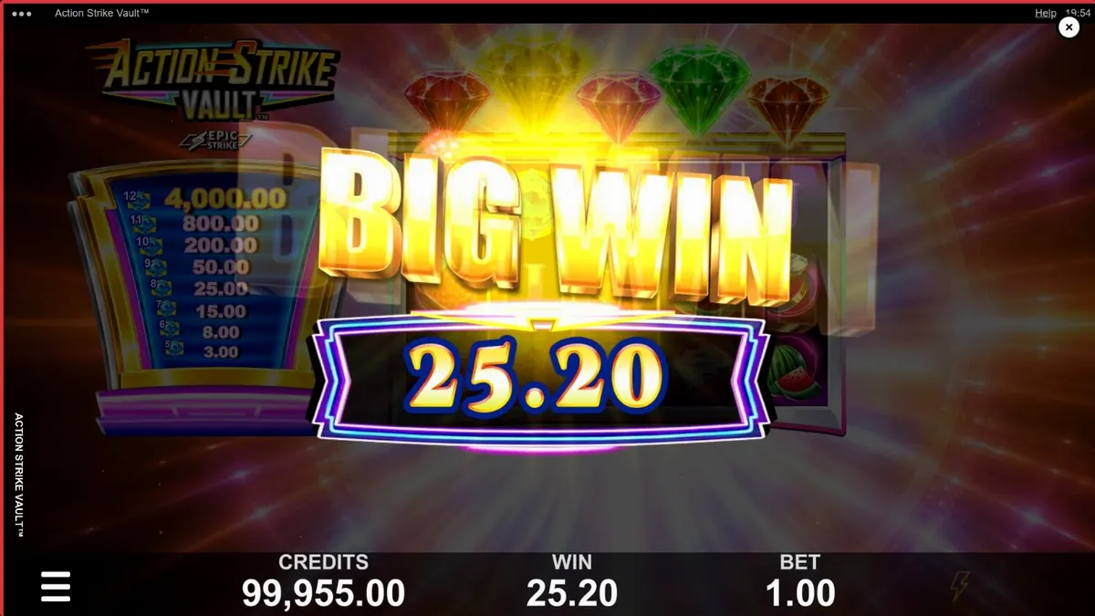 Interface do jogo de slot Action Strike Vault com elementos espaciais e neon