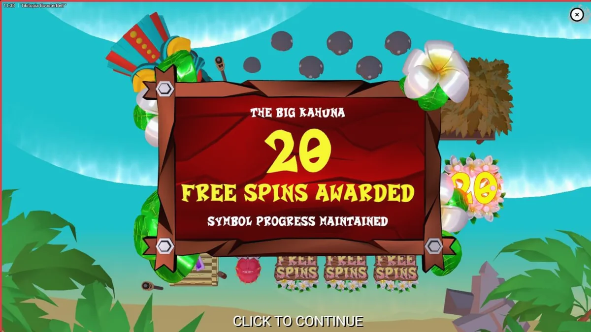 Cenário vibrante e tropical do jogo Tikitopia BoosterBelt com o totem Big'Um Tiki e frutas animadas.